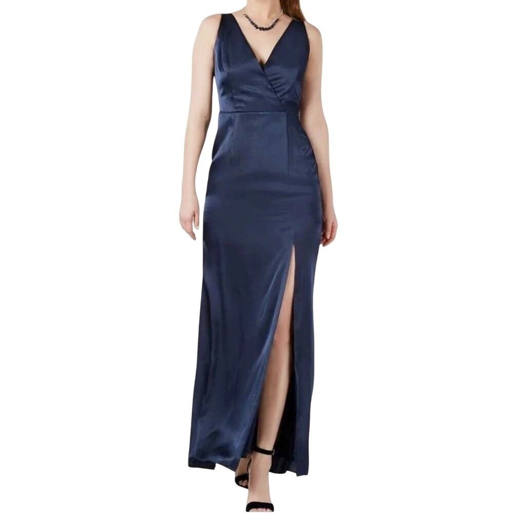 NWT ADRIANNA PAPELL Midnight Blue Hammered Satin Gown 10 Tall Formal Evening